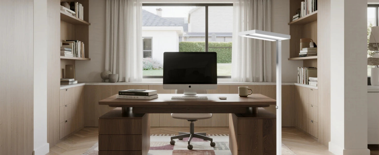 Home office task lighting floor lamp designed for remote work and digital lifestyle eye strain reduction