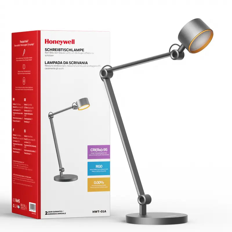 Honeywell 01a precision spotlight desk lamp with sleek metallic finish and adjustable arm for office home use