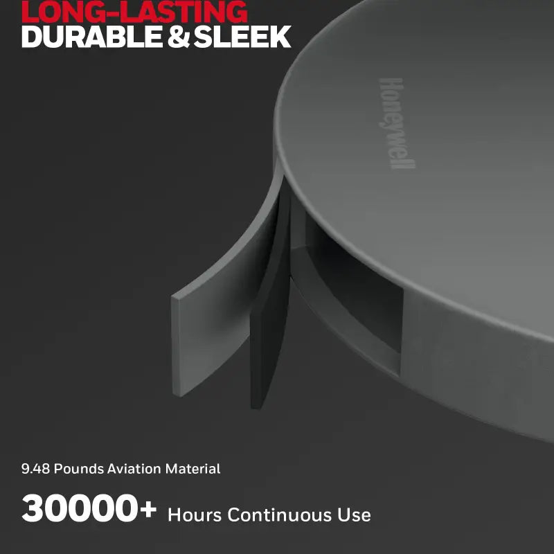 Gray circular robotic vacuum cleaner with sleek durable design and honeywell logo for modern desk lamp office home use