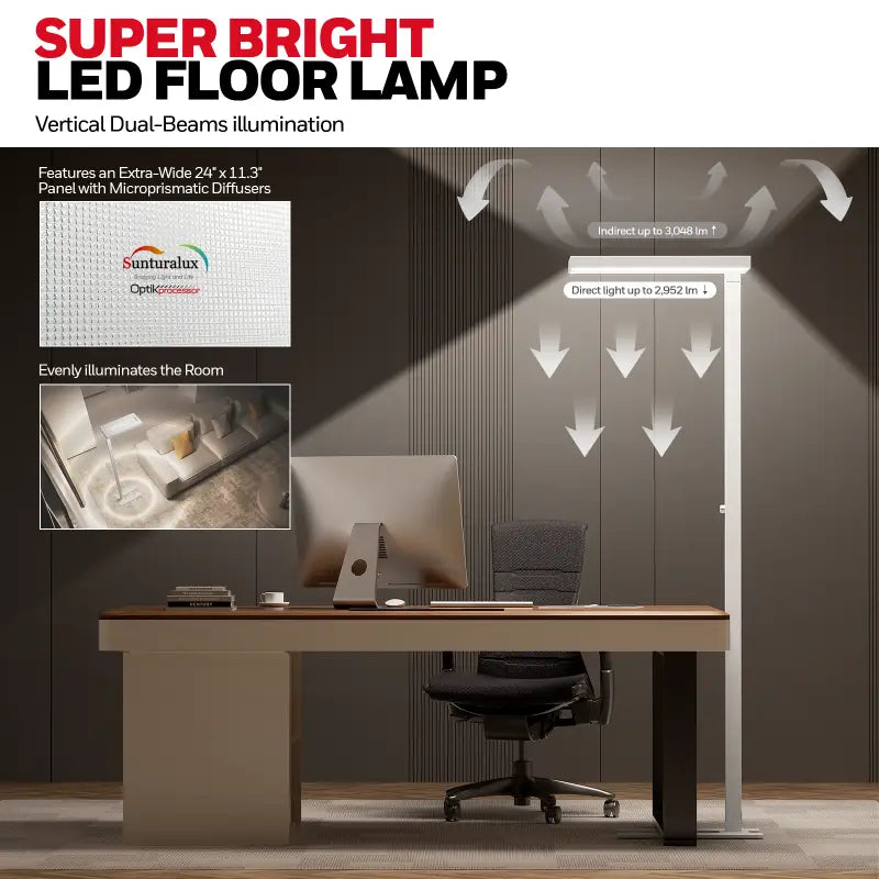 Honeywell 02E floor lamp with super bright dual-beam illumination and sleek white frame for living room use