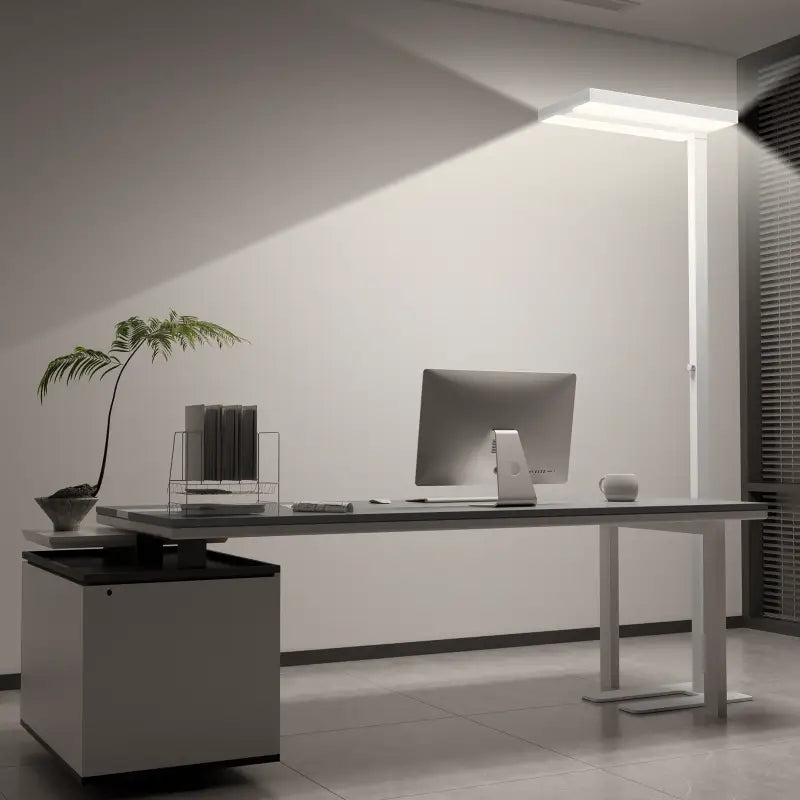 Modern white honeywell 02e 60w natural daylight floor lamp with sleek rectangular head and metal frame for living room