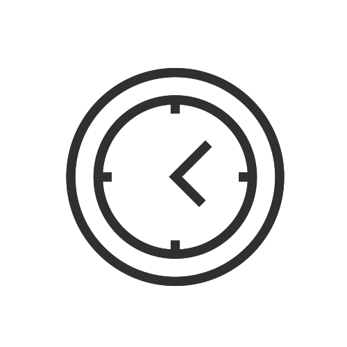 Simple line drawing of a clock showing approximately 10:40.