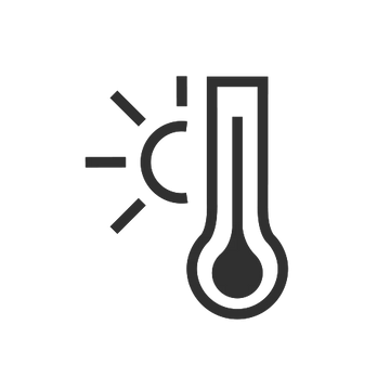 Simple black thermometer icon with a sun symbol.