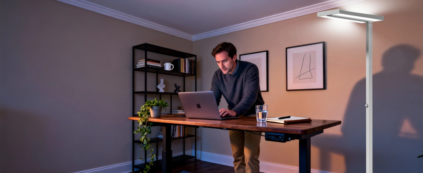 Honeywell 02E series floor lamp providing ambient uplight reflecting off ceiling for even room illumination in home office