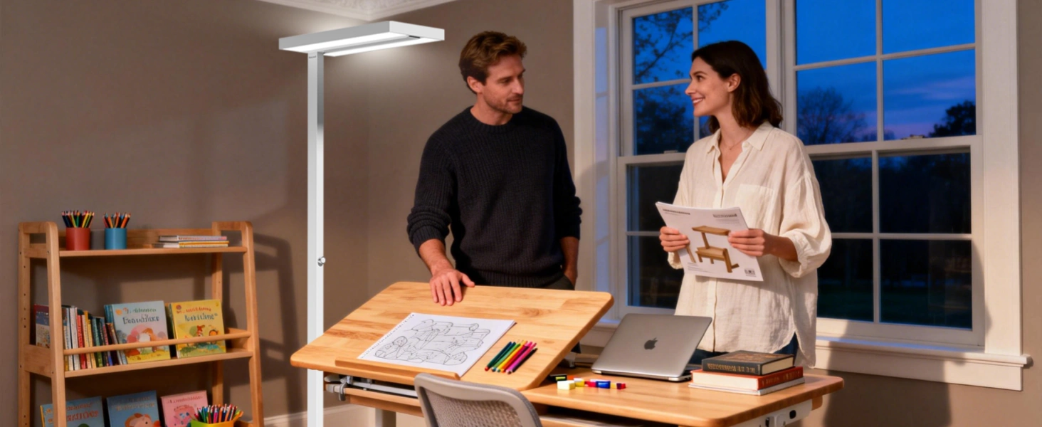 Eye-friendly floor lamp for children's homework area reducing glare and flicker
