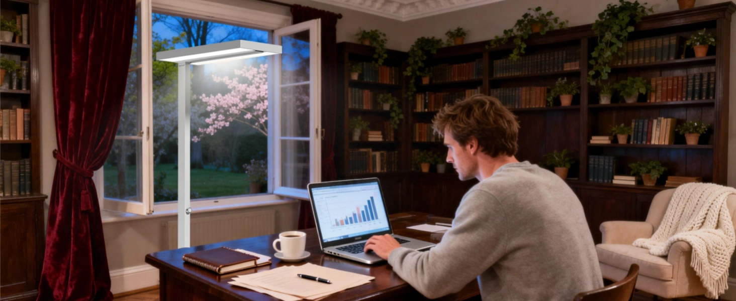 Lampe sur pied Honeywell 02E fournissant une illumination uniforme dans un salon moderne