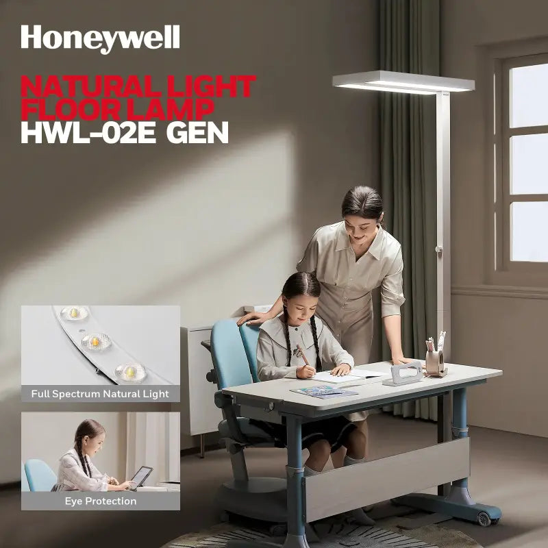 Honeywell 02e natural daylight floor lamp with sleek white rectangular head and slender metallic stand for living room