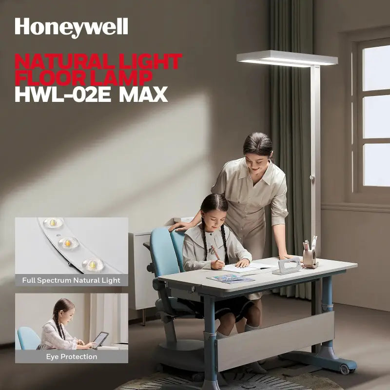 Honeywell 02e max natural daylight floor lamp with a sleek white rectangular head and slender metallic stand for living room