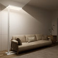 Modern white honeywell 02e floor lamp with sleek rectangular panel providing natural daylight for living room use