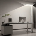 Modern minimalist desk with silver metal legs and dark gray top paired with white cabinet under honeywell 02e floor lamp in living room