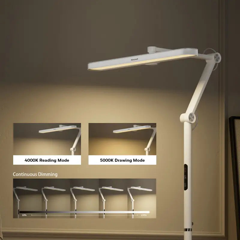 White aesculap adjustable led panel floor lamp with 4000k reading and 5000k drawing modes honeywell 05d01 floor