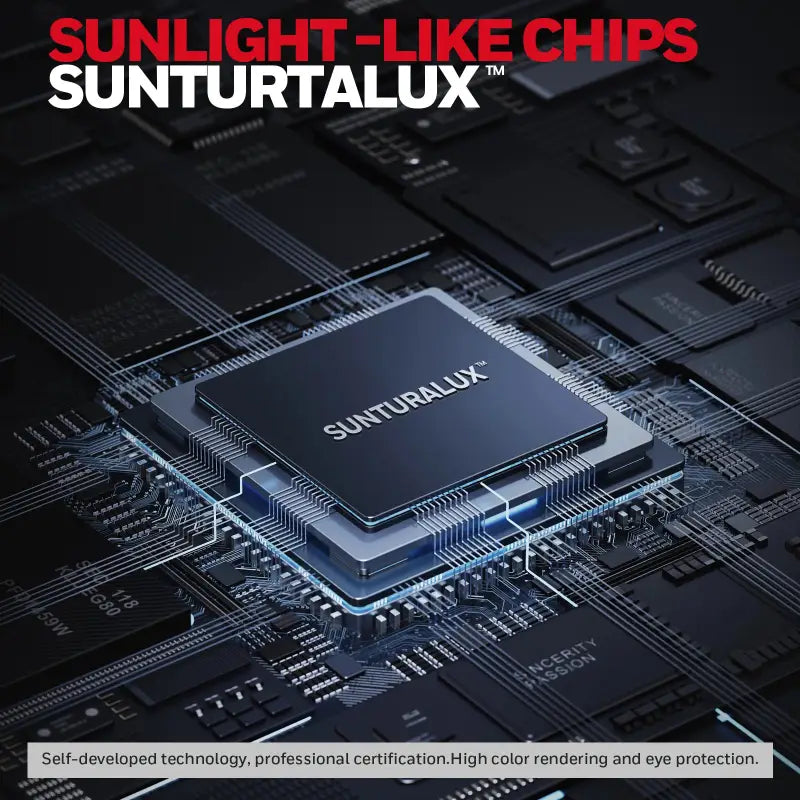 Black square chip with metallic edges and blue glowing circuitry in honeywell 05d01 floor lamp Sunturtalux component