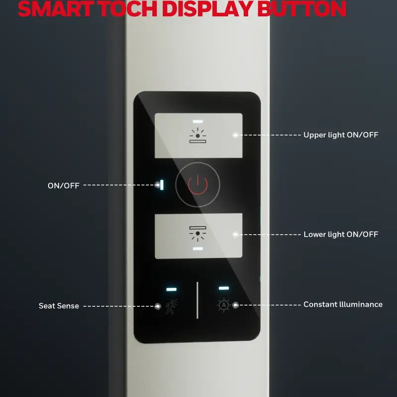 Black rectangular smart touch display button with white icons and blue indicators on honeywell 06e ultra floor lamp