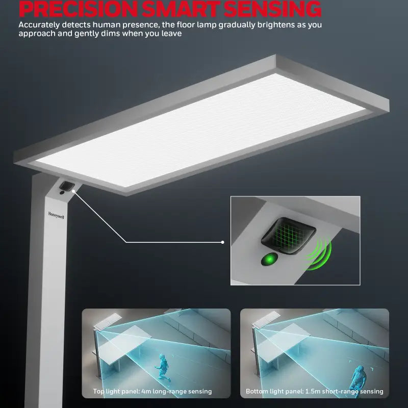 White rectangular floor lamp with metallic stand and smart brightness adjustment honeywell 06e ultra model