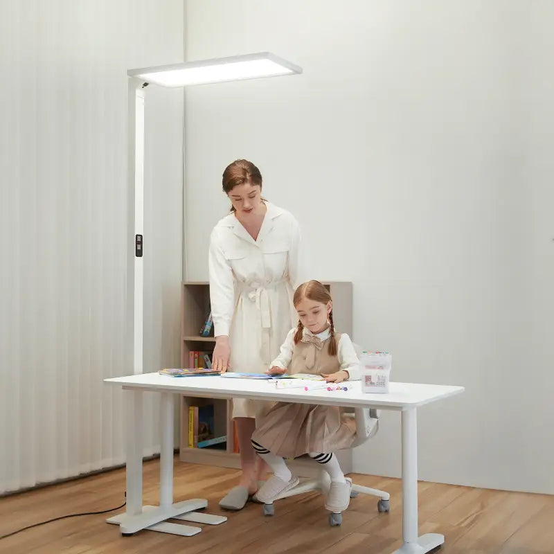 White adjustable floor lamp with rectangular panel and modern design from honeywell 06e ultra for natural daylight use