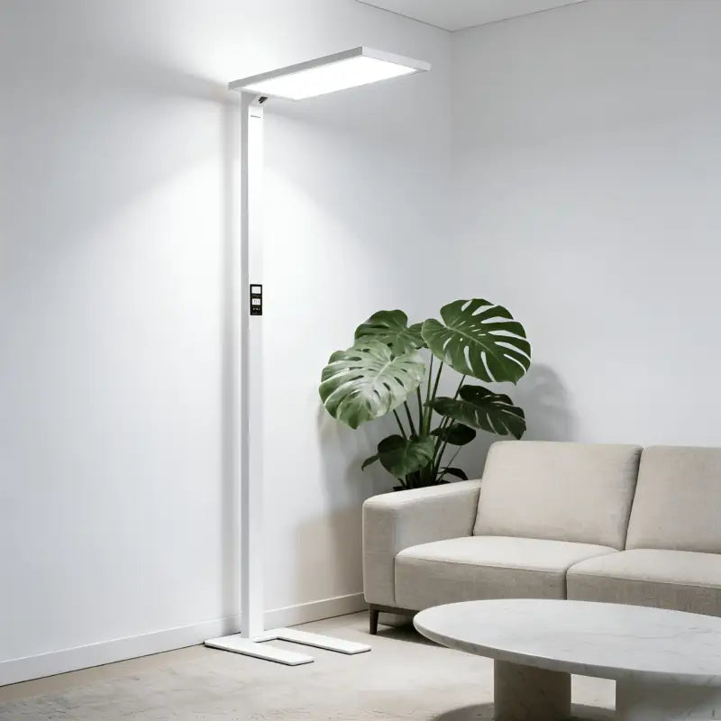 Modern white led floor lamp with sleek rectangular head minimalist design in honeywell 06e ultra natural daylight style