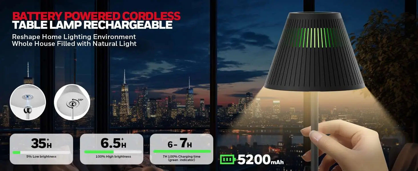 Lámpara de mesa inalámbrica Honeywell demostrando batería de 5200mAh con capacidad de iluminación continua de 35 horas