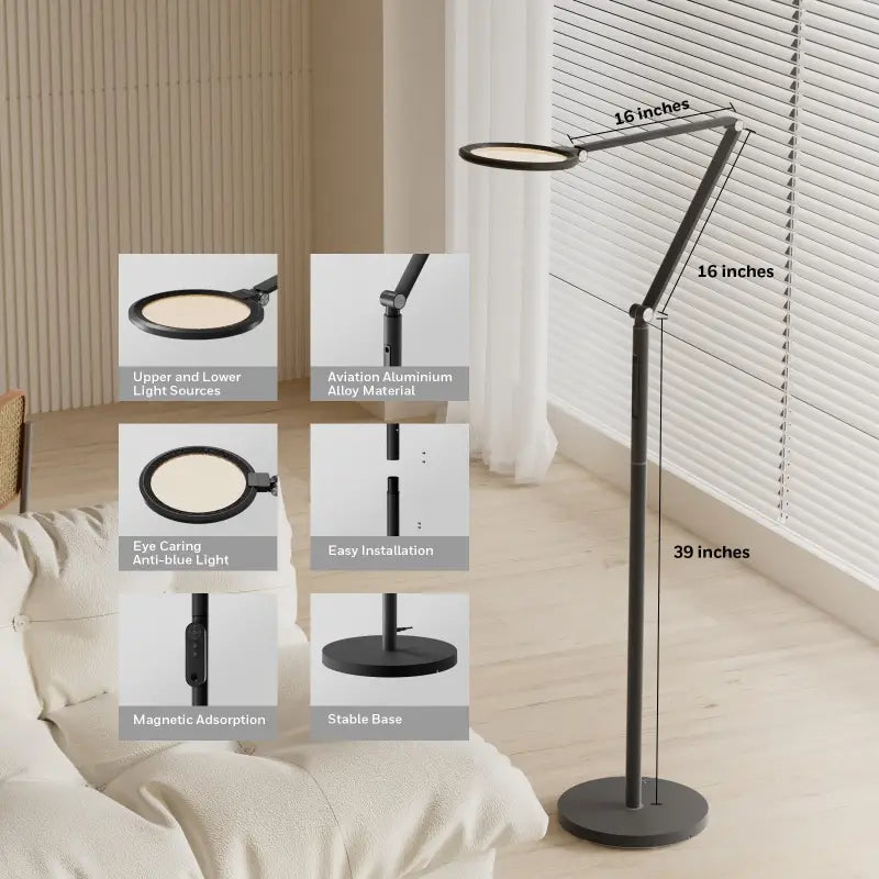 Black aviation aluminum alloy axis floor lamp with 16-inch adjustable arm and honeywell f01 eye protection led light source