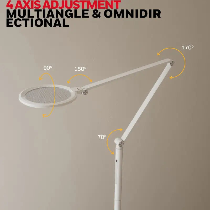 White honeywell f01 adjustable remote control floor lamp with circular mesh lens and articulated arms for eye protection