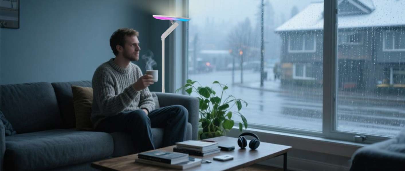 Honeywell F2 Stehlampe mit warmem Umgebungslicht in einem Heimbüro in Seattle