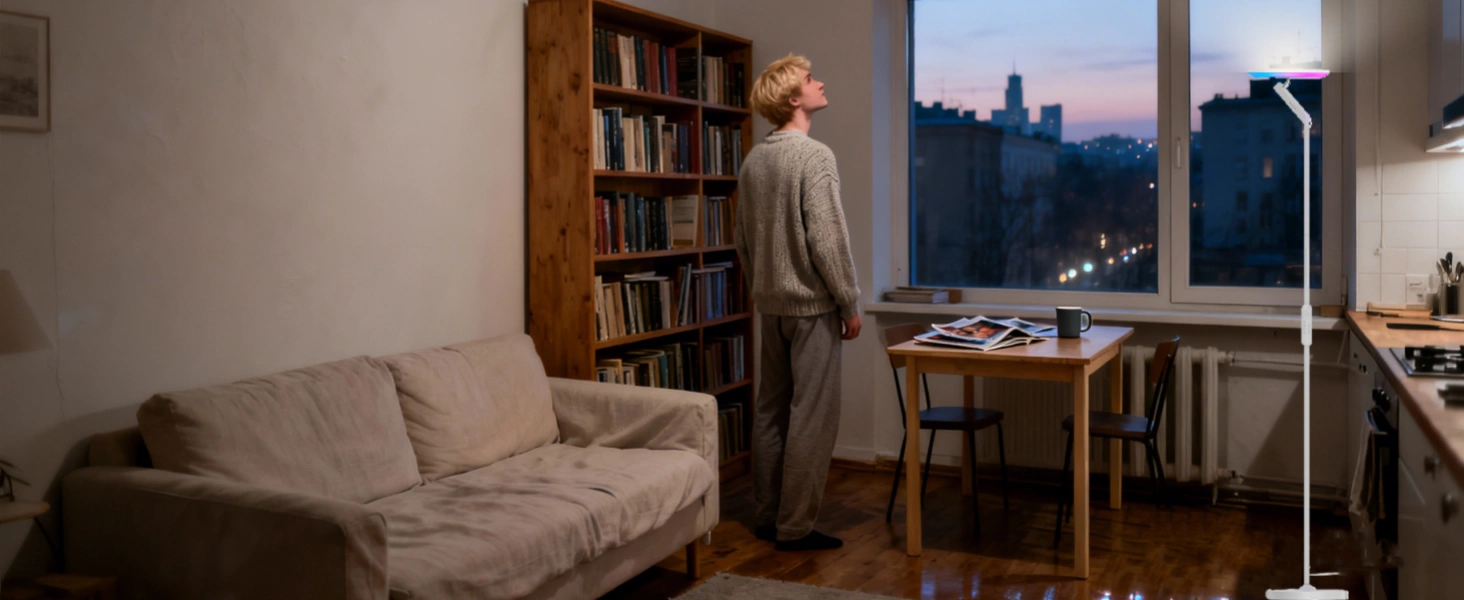 霍尼韦尔SmartLighting F2双向落地灯在极简租赁公寓环境中的展示