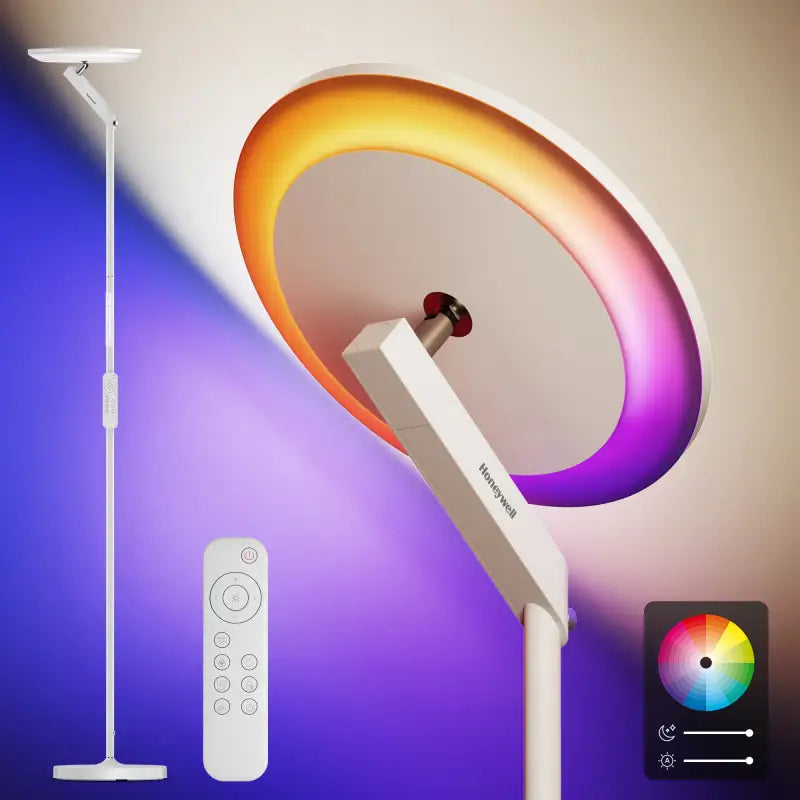 White honeywell f2 torchiere tall standing floor lamp with adjustable led light and remote control for ambient lighting