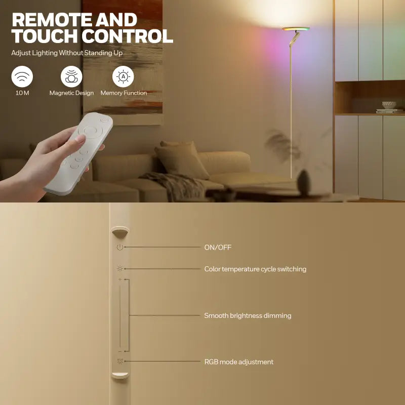 White remote control with touch-sensitive buttons for wireless lighting adjustment in honeywell f2 torchiere tall standing floor lamp