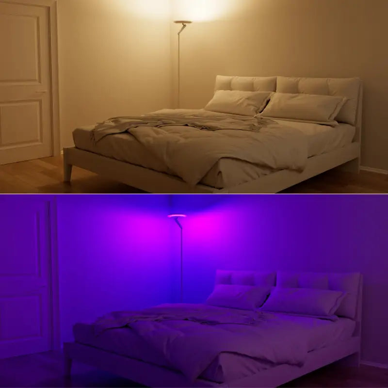 Honeywell F2 torchiere tall standing floor lamp with adjustable arm and vibrant purple light in sleek modern design