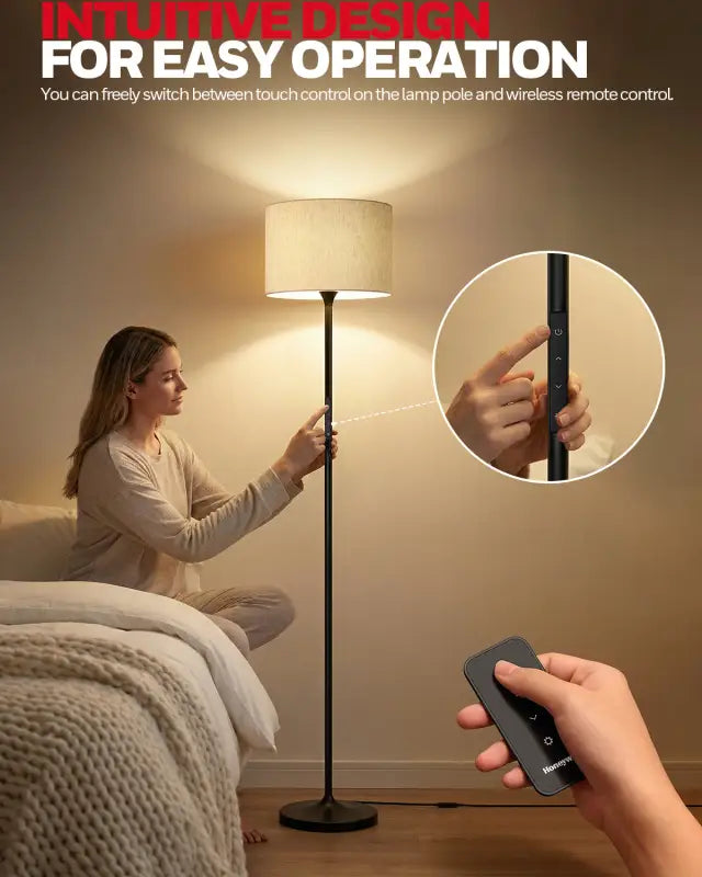 Black honeywell f3 soft floor lamp with beige fabric shade and touch-sensitive controls in soft led retro style