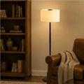 Honeywell f3 soft led retro floor lamp with warm-toned cylindrical cream fabric shade and black metal stand