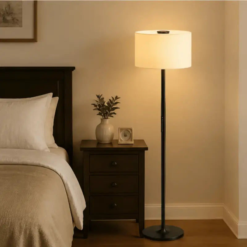 Honeywell f3 soft led retro floor lamp with sleek black base and cylindrical white fabric shade for soft lighting