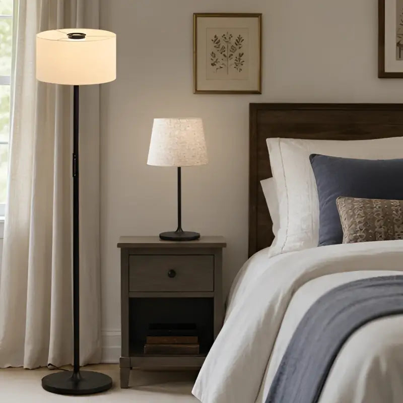 Tall black floor lamp honeywell f3 soft with a cylindrical off-white fabric shade soft led retro design