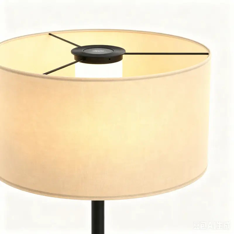 Beige cylindrical lampshade floor lamp with black metal frame and central fixture honeywell hwl-f3 soft led retro color temperature