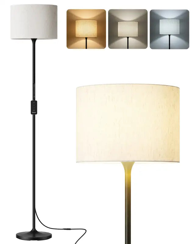 Honeywell F3 Soft LED Retro floor lamp with sleek black pole and off-white fabric cylindrical shade for soft lighting