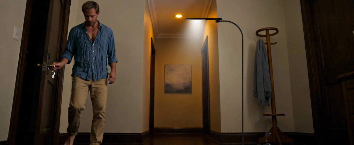 Honeywell F4 Eck-Stehlampe, die weiches Aufwärtslicht in einem zeitgenössischen Zuhause bietet