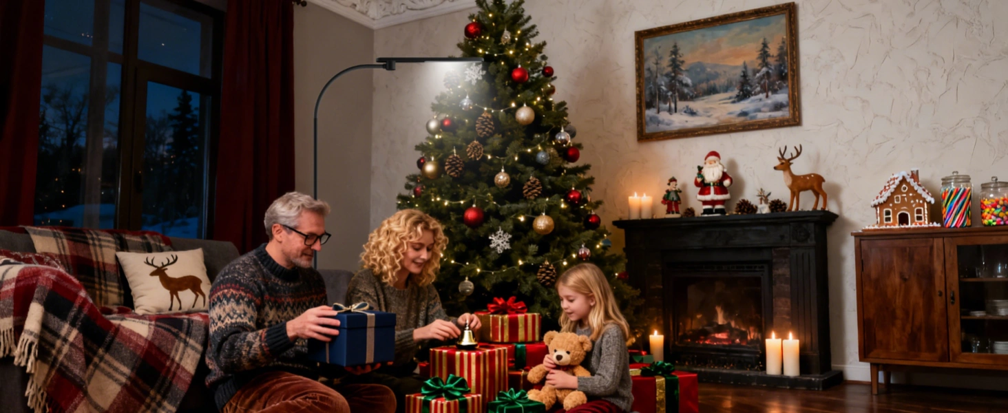 Honeywell F4 energy-saving floor lamp beside Christmas tree with wrapped presents