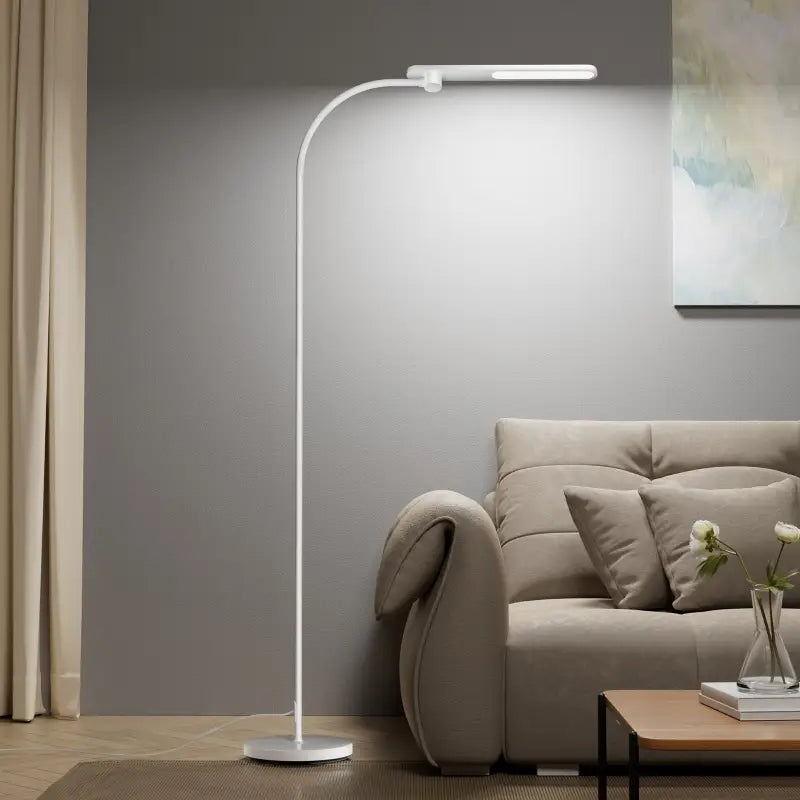 Honeywell F4 gooseneck floor lamp in white with a sleek curved neck and rectangular led light head for living room