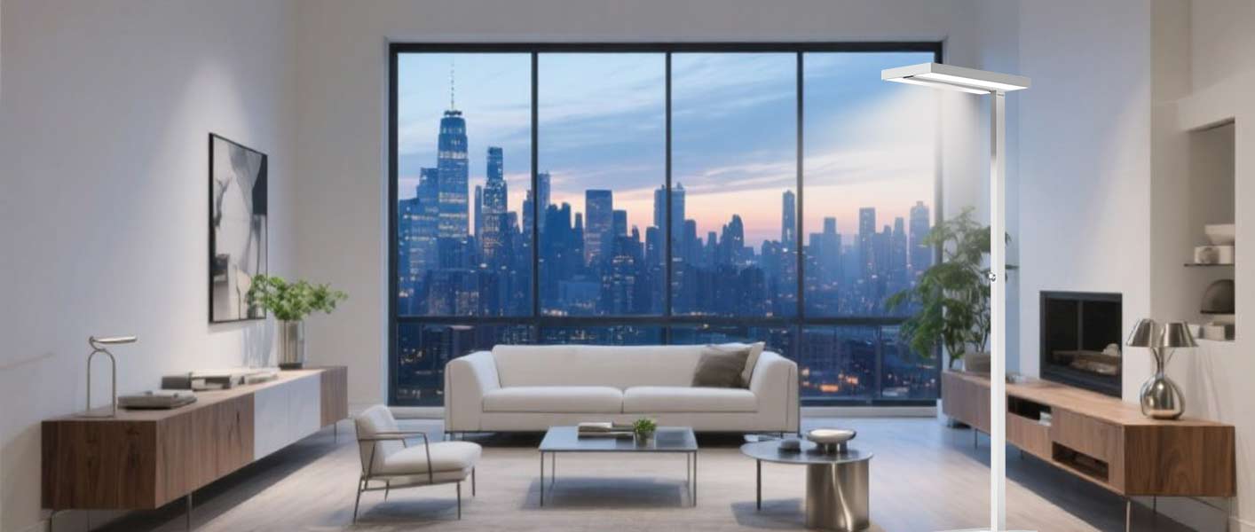 Honeywell 02E Pro Stehlampe in einem kompakten Wohnzimmer einer New Yorker Wohnung