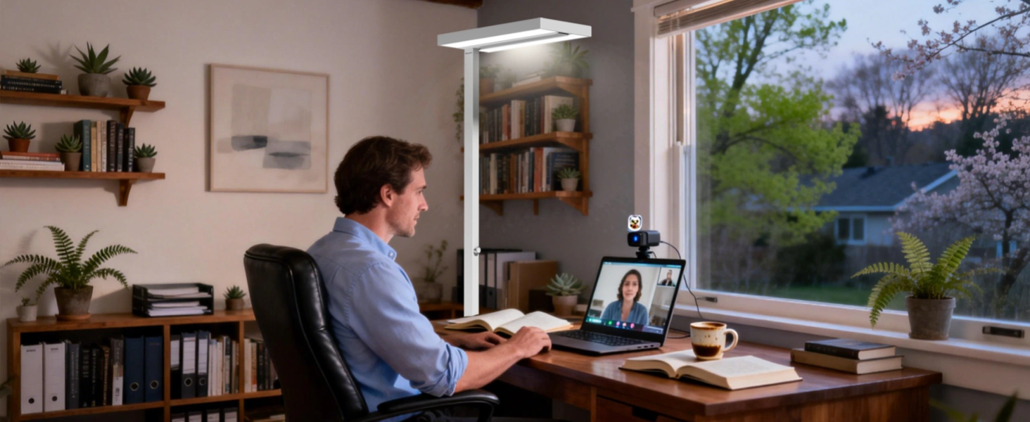 Installation d’éclairage intérieur équilibrée combinant lumière naturelle du jour et lampe artificielle dans un bureau à domicile printanier