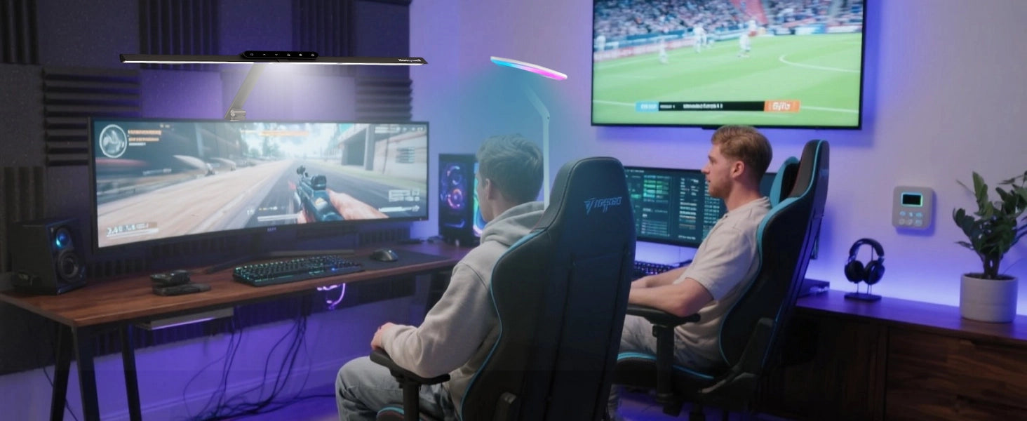 HJ1 desk lamp and F2 floor lamp working together in professional gaming setup
