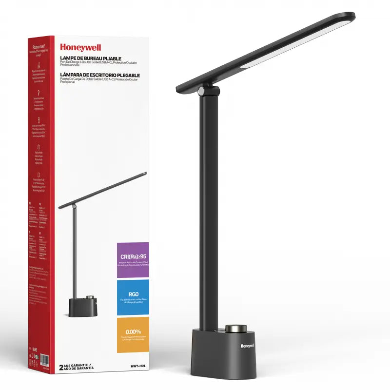 Black honeywell h01 foldable desk lamp with adjustable arm and led panel for eye protection and modern use