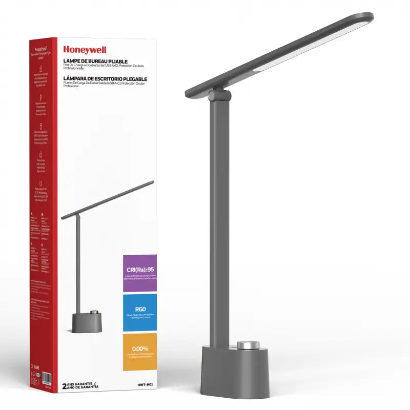 Gray honeywell h01 foldable desk lamp with sleek modern design and adjustable arm for eye protection lighting