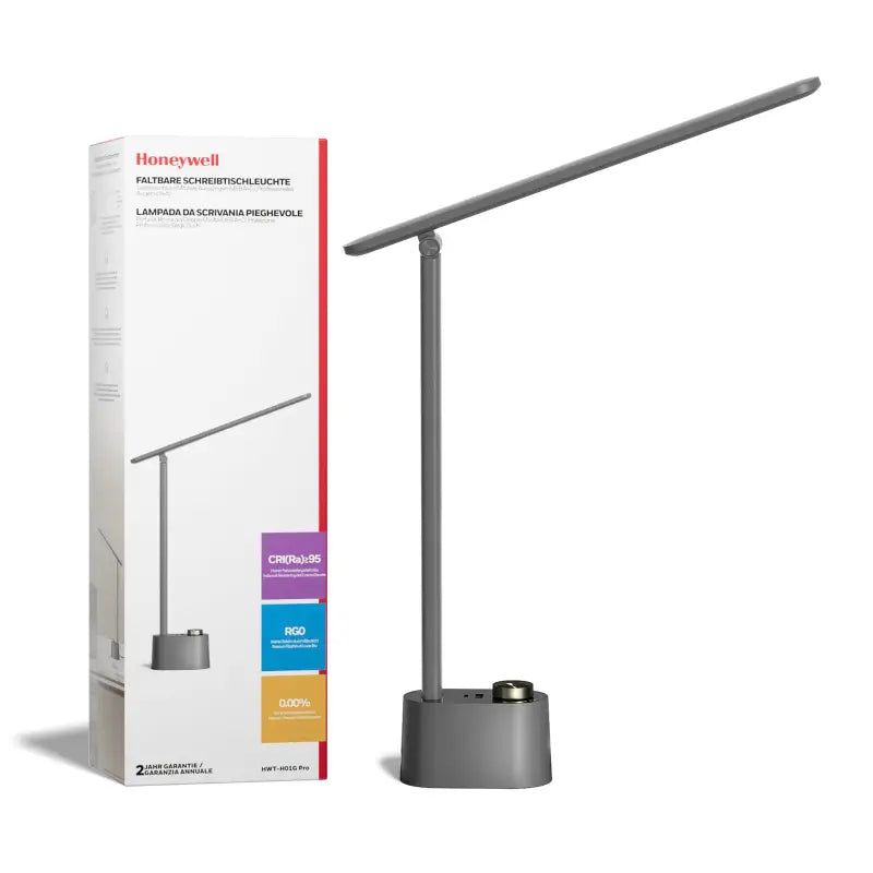Gray metallic honeywell h01 pro foldable desk lamp with adjustable arm and minimalist design for portable use