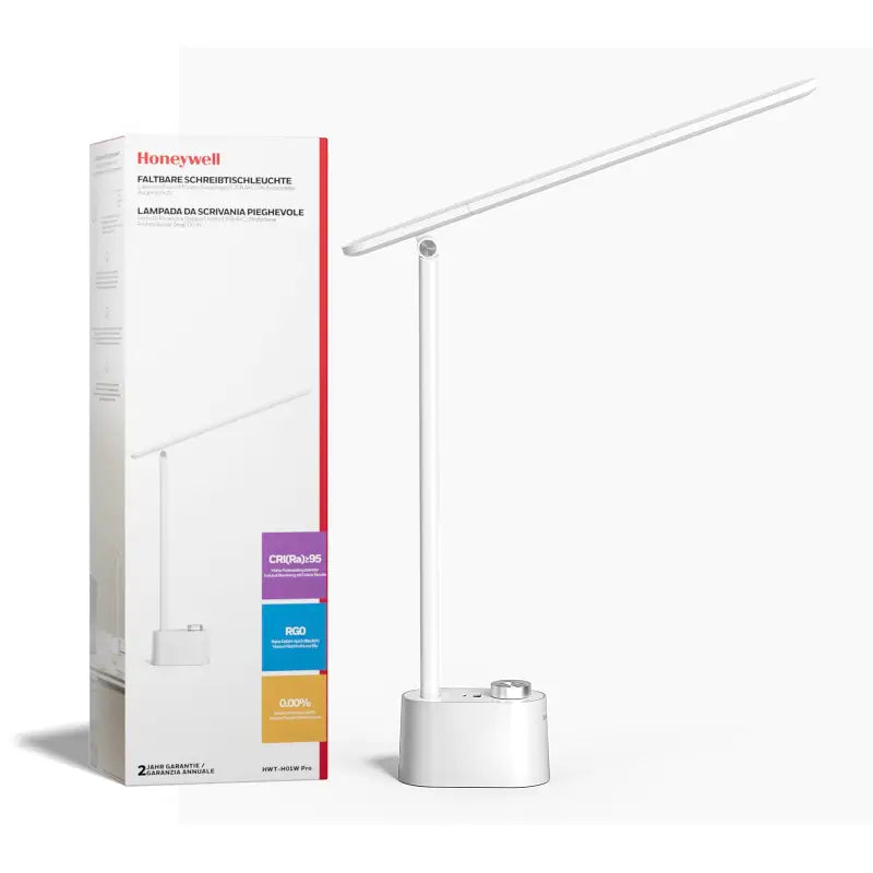 White honeywell h01 pro foldable desk lamp with adjustable arm and minimalist design for portable use