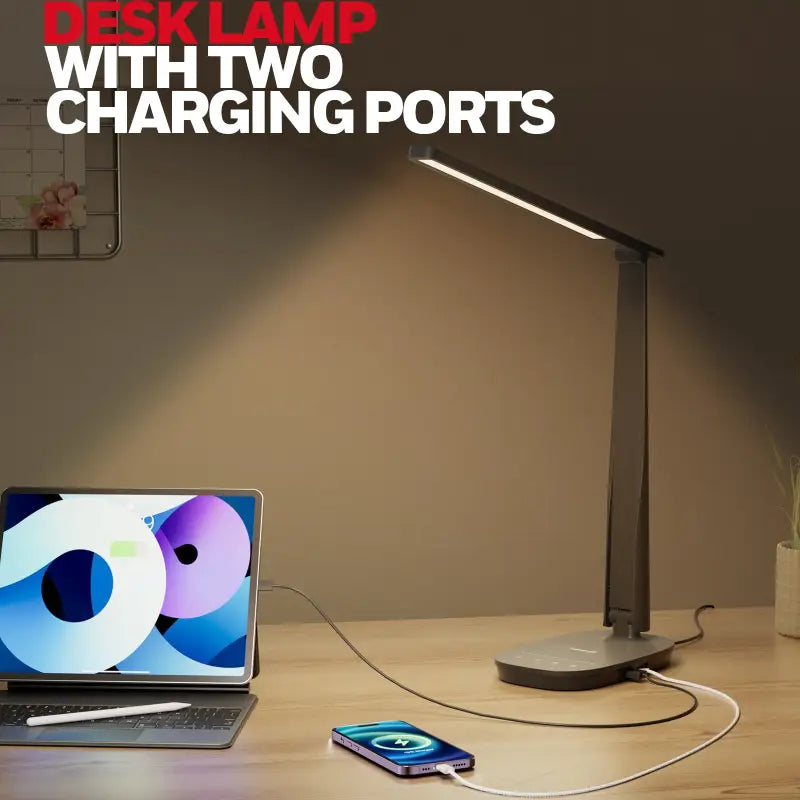 Honeywell h2 gray led table lamp with sleek minimalist design and usb charging ports for eye protection