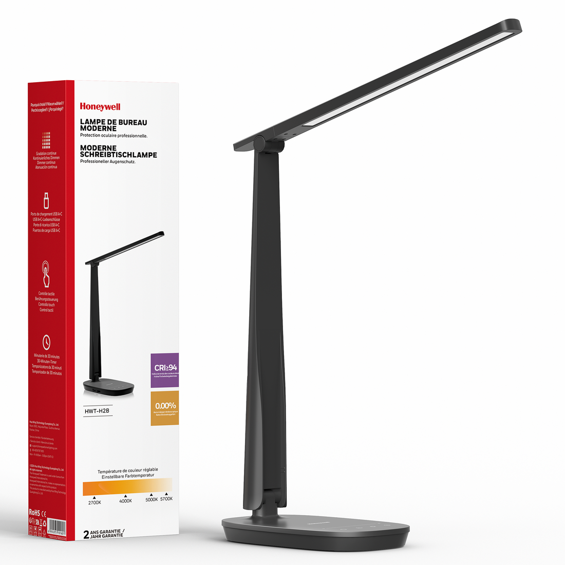 Honeywell® H2 Eye Protection Desk Lamp with USB Charging, Dimmable LED Table Lamp,Black