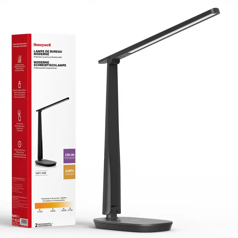 Black honeywell h2 desk lamp with sleek minimalist design adjustable led light bar usb charging and eye protection