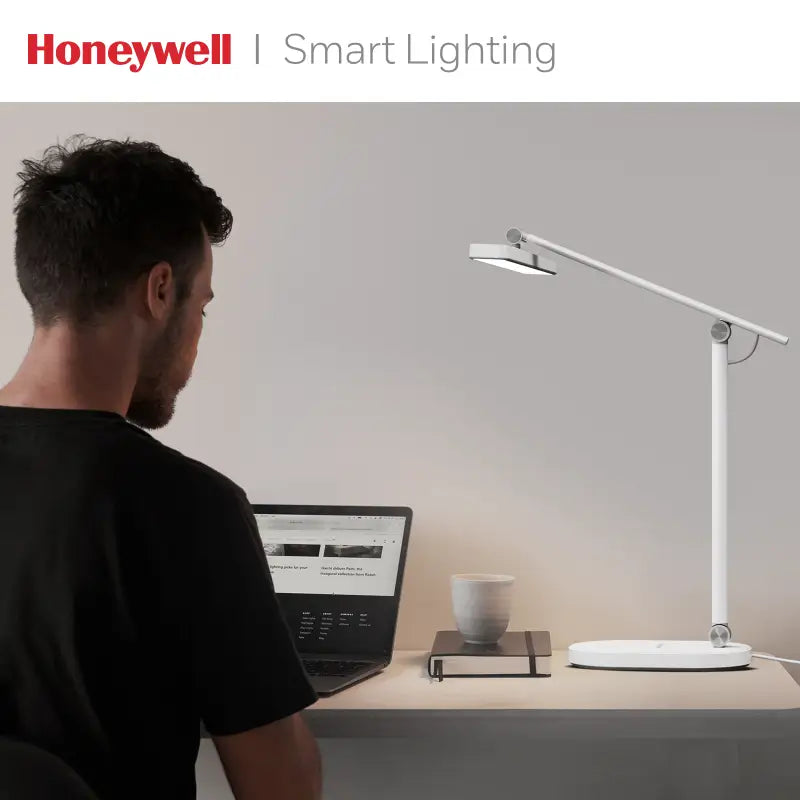White honeywell h4 intelligent modern led desk lamp with adjustable arm and color temperature control