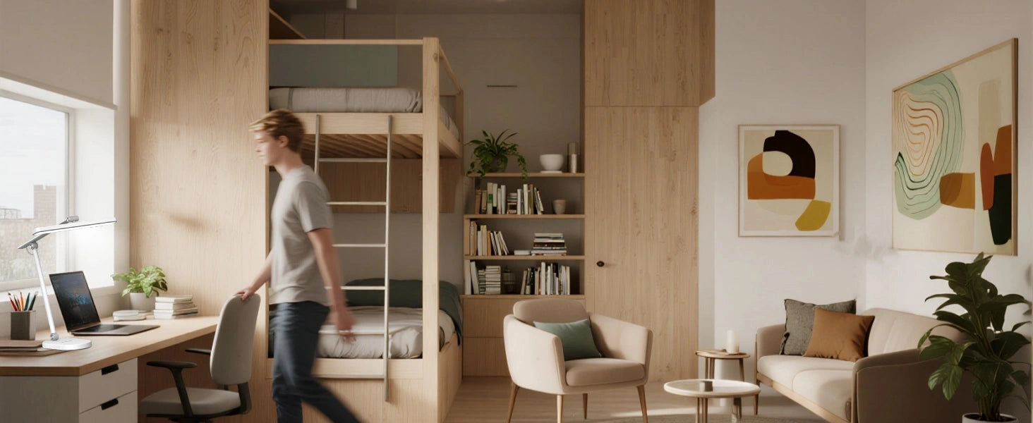 Aesthetic college dorm room with smart LED lighting and study area