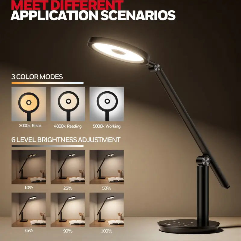 Black adjustable honeywell h6 desk lamp with circular led light head and sleek metallic finish for home office use